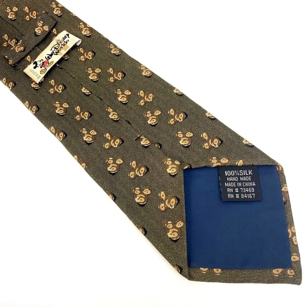 Walt Disney World Tie Silk Khaki Green Brown Men's Hand Made Mickey Head Necktie